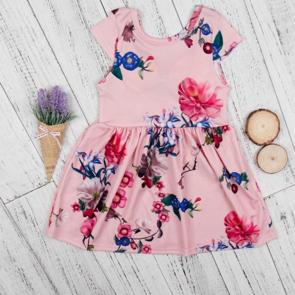 1 Piece Summer Pink Floral Pattern Back Bow Tie Dress Clothes Set fashionable Baby Girls Outfit