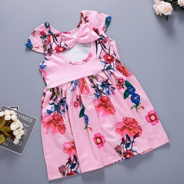 1 Piece Summer Pink Floral Pattern Back Bow Tie Dress Clothes Set fashionable Baby Girls Outfit