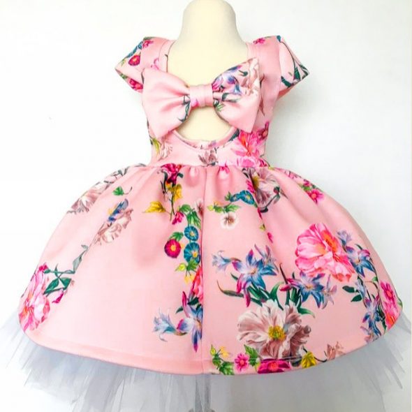 1 Piece Summer Pink Floral Pattern Back Bow Tie Dress Clothes Set fashionable Baby Girls Outfit
