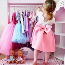 1 Piece Summer Pink Ruffle Shoulder Back Bow Tie and Lace Detail Swing Dress Clothes Set fashionable Girls Outfit