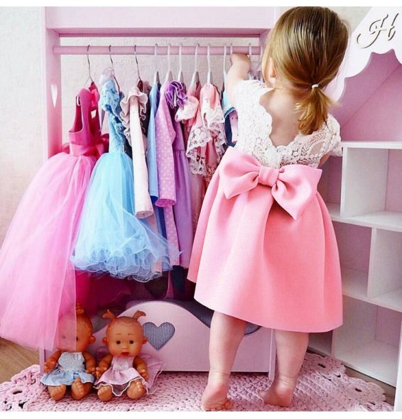 1 Piece Summer Pink Ruffle Shoulder Back Bow Tie and Lace Detail Swing Dress Clothes Set fashionable Girls Outfit