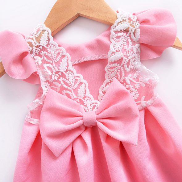 1 Piece Summer Pink Ruffle Shoulder Back Bow Tie and Lace Detail Swing Dress Clothes Set fashionable Girls Outfit