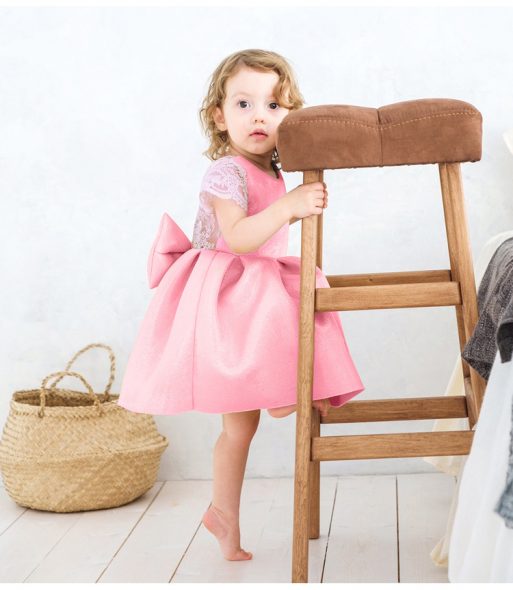 1 Piece Summer Pink Ruffle Shoulder Back Bow Tie and Lace Detail Swing Dress Clothes Set fashionable Girls Outfit