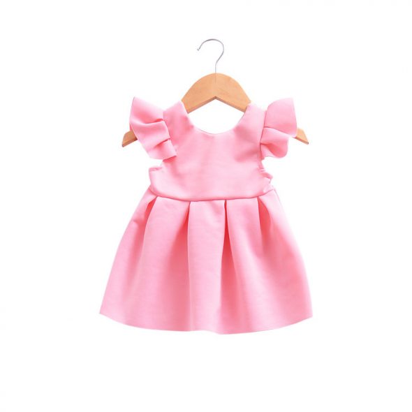 1 Piece Summer Pink Ruffle Shoulder Back Bow Tie and Lace Detail Swing Dress Clothes Set fashionable Girls Outfit