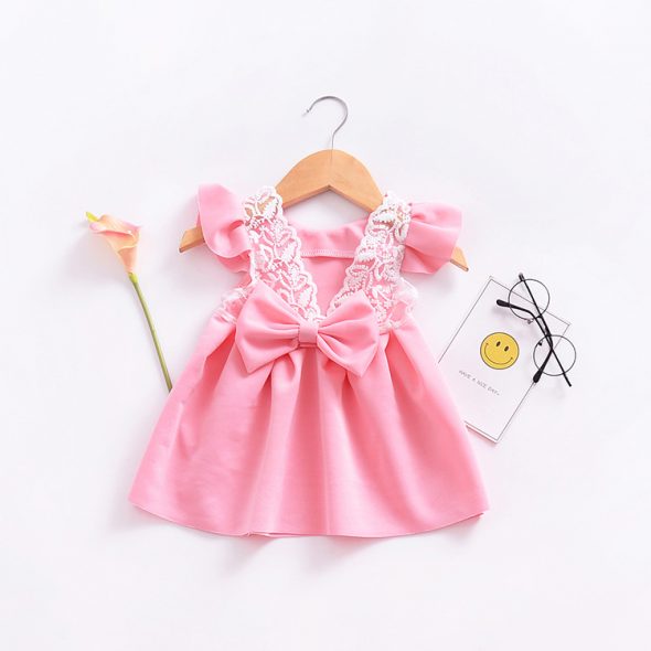 1 Piece Summer Pink Ruffle Shoulder Back Bow Tie and Lace Detail Swing Dress Clothes Set fashionable Girls Outfit