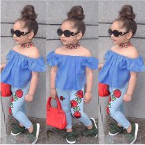 2 Pieces Summer Arvo Blue Raffle Off Shoulder Top + Flower Denim Pants Clothes Set fashionable Girls Outfit