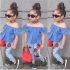 2 Pieces Summer Arvo Blue Raffle Off Shoulder Top + Flower Denim Pants Clothes Set fashionable Girls Outfit