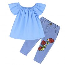 2 Pieces Summer Arvo Blue Raffle Off Shoulder Top + Flower Denim Pants Clothes Set fashionable Girls Outfit