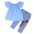 2 Pieces Summer Arvo Blue Raffle Off Shoulder Top + Flower Denim Pants Clothes Set fashionable Girls Outfit