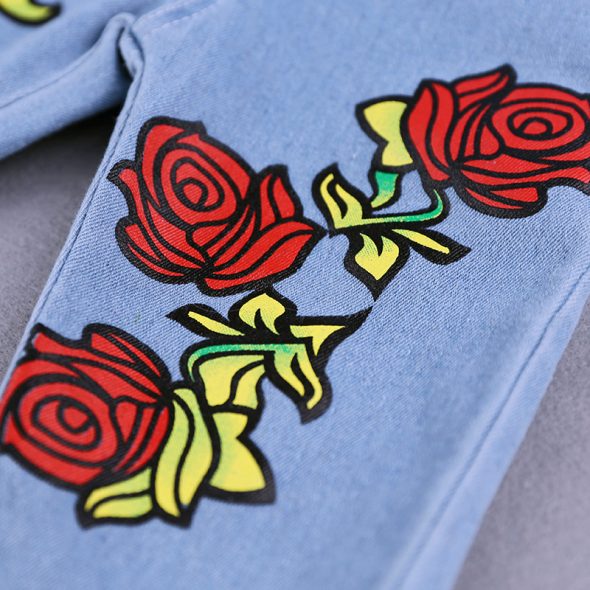 2 Pieces Summer Arvo Blue Raffle Off Shoulder Top + Flower Denim Pants Clothes Set fashionable Girls Outfit