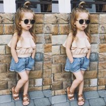 2 Pieces Summer Base Blush Ruffle Sleeveless Top + Back Pocket Denim Short Clothes Set fashionable Girls Outfit