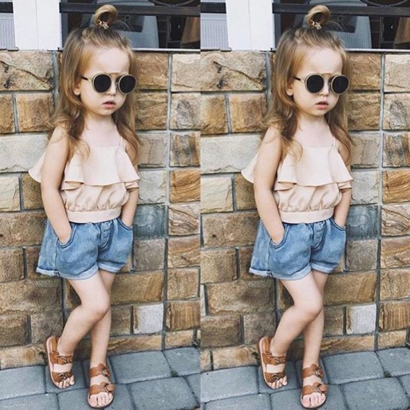 2 Pieces Summer Base Blush Ruffle Sleeveless Top + Back Pocket Denim Short Clothes Set fashionable Girls Outfit