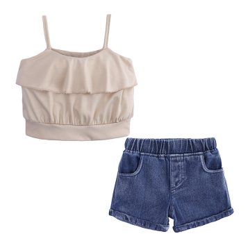 2 Pieces Summer Base Blush Ruffle Sleeveless Top + Back Pocket Denim Short Clothes Set fashionable Girls Outfit