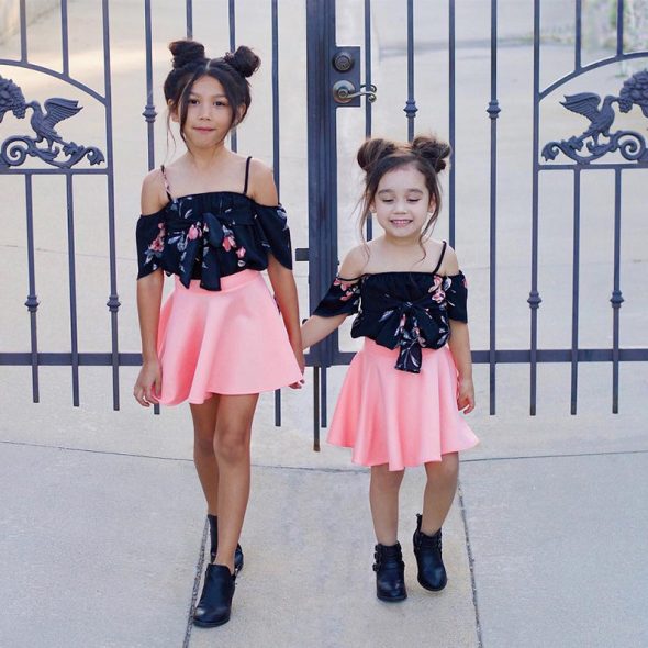 2 Pieces Summer Floral Black Off Shoulder Top + Pink Ruffle Skirt Clothes Set fashionable Girls Outfit