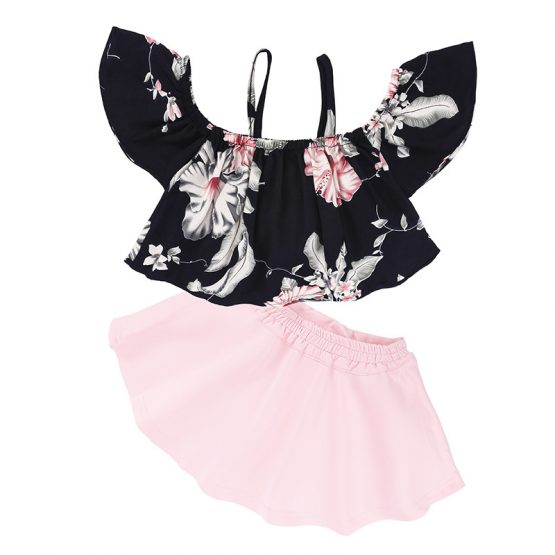 2 Pieces Summer Floral Black Off Shoulder Top + Pink Ruffle Skirt Clothes Set fashionable Girls Outfit