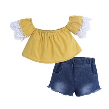 2 Pieces Summer Mustard Lace Off Shoulder Top + Frayed Hem Denim Short Clothes Set fashionable Girls Outfit