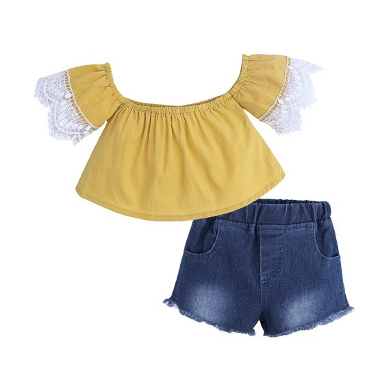 2 Pieces Summer Mustard Lace Off Shoulder Top + Frayed Hem Denim Short Clothes Set fashionable Girls Outfit