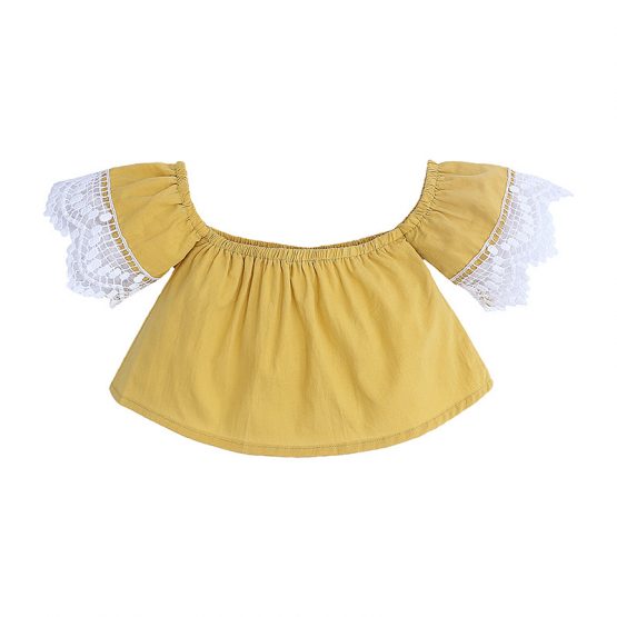 2 Pieces Summer Mustard Lace Off Shoulder Top + Frayed Hem Denim Short Clothes Set fashionable Girls Outfit