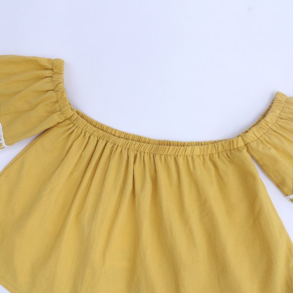 2 Pieces Summer Mustard Lace Off Shoulder Top + Frayed Hem Denim Short Clothes Set fashionable Girls Outfit