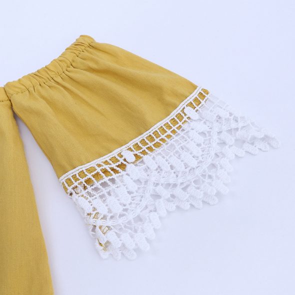 2 Pieces Summer Mustard Lace Off Shoulder Top + Frayed Hem Denim Short Clothes Set fashionable Girls Outfit