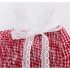 2 Pieces Summer Red And White Check Print Bow Tie Lace Shoulder Detail + Ruffle Hem Layered Skirt Shorts Clothes Set fashionable Girls Outfit