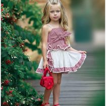 2 Pieces Summer Red And White Check Print Bow Tie Lace Shoulder Detail + Ruffle Hem Layered Skirt Shorts Clothes Set fashionable Girls Outfit