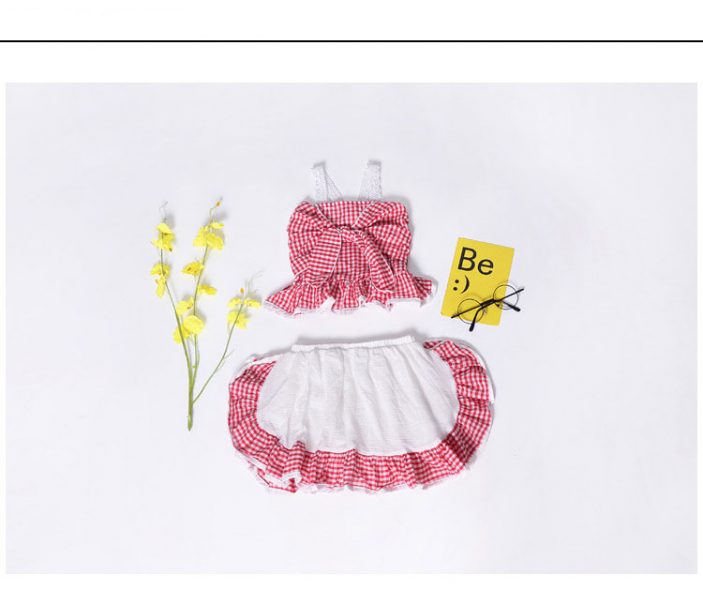 2 Pieces Summer Red And White Check Print Bow Tie Lace Shoulder Detail + Ruffle Hem Layered Skirt Shorts Clothes Set fashionable Girls Outfit