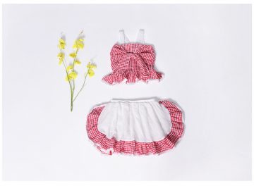 2 Pieces Summer Red And White Check Print Bow Tie Lace Shoulder Detail + Ruffle Hem Layered Skirt Shorts Clothes Set fashionable Girls Outfit