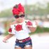 2 Pieces Summer White Off Shoulder Top Roses Printed + Ripped Denim Short Clothes Set fashionable Girls Outfit