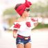 2 Pieces Summer White Off Shoulder Top Roses Printed + Ripped Denim Short Clothes Set fashionable Girls Outfit