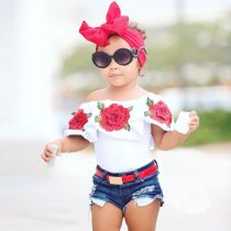 2 Pieces Summer White Off Shoulder Top Roses Printed + Ripped Denim Short Clothes Set fashionable Girls Outfit