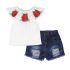 2 Pieces Summer White Off Shoulder Top Roses Printed + Ripped Denim Short Clothes Set fashionable Girls Outfit