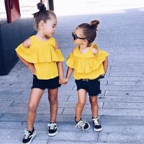 2 Pieces Summer Yellow Mustard Ruffle Top + Black Frayed Hem Chino Short Clothes Set fashionable Girls Outfit