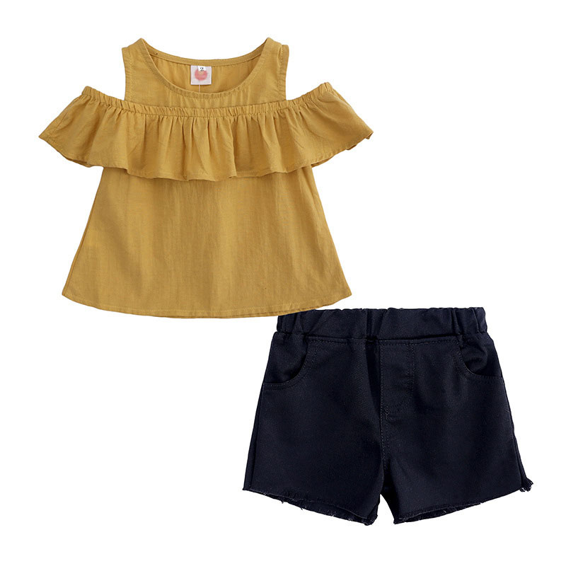2 Pieces Summer Yellow Mustard Ruffle Top + Black Frayed Hem Chino Short Clothes Set fashionable Girls Outfit