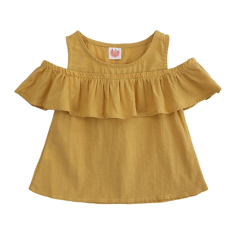 2 Pieces Summer Yellow Mustard Ruffle Top + Black Frayed Hem Chino Short Clothes Set fashionable Girls Outfit