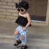 3 Pieces Summer Black Polka Dot Frill Bandeau Top With Matching Headband + Ripped Denim Pants Clothes Set fashionable Girls Outfit