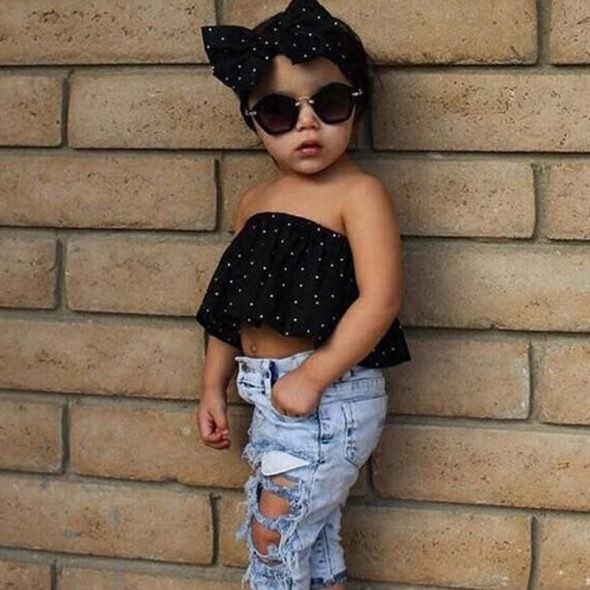 3 Pieces Summer Black Polka Dot Frill Bandeau Top With Matching Headband + Ripped Denim Pants Clothes Set fashionable Girls Outfit