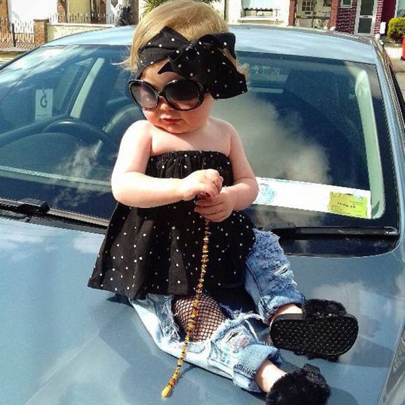 3 Pieces Summer Black Polka Dot Frill Bandeau Top With Matching Headband + Ripped Denim Pants Clothes Set fashionable Girls Outfit