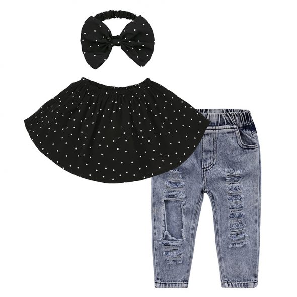3 Pieces Summer Black Polka Dot Frill Bandeau Top With Matching Headband + Ripped Denim Pants Clothes Set fashionable Girls Outfit
