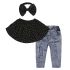 3 Pieces Summer Black Polka Dot Frill Bandeau Top With Matching Headband + Ripped Denim Pants Clothes Set fashionable Girls Outfit