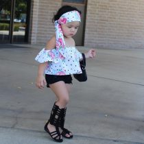 3 Pieces Summer Flowers Pattern White Off Shoulder Top With Matching Headband + Black Ripped Chino Short Clothes Set fashionable Girls Outfit