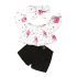 3 Pieces Summer Flowers Pattern White Off Shoulder Top With Matching Headband + Black Ripped Chino Short Clothes Set fashionable Girls Outfit