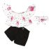 3 Pieces Summer Flowers Pattern White Off Shoulder Top With Matching Headband + Black Ripped Chino Short Clothes Set fashionable Girls Outfit