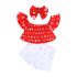 3 Pieces Summer Red Off Shoulder Top With Bow Headband + White Ripped Chino Short Clothes Set fashionable Girls Outfit