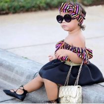 3 Pieces Summer Stripe Off Shoulder Top With Matching Headband + Bow Tie Waist Skirt Clothes Set fashionable Girls Outfit