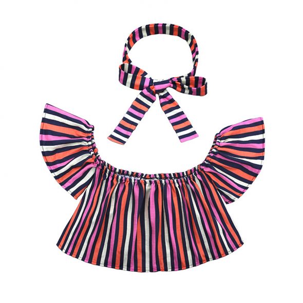 3 Pieces Summer Stripe Off Shoulder Top With Matching Headband + Bow Tie Waist Skirt Clothes Set fashionable Girls Outfit