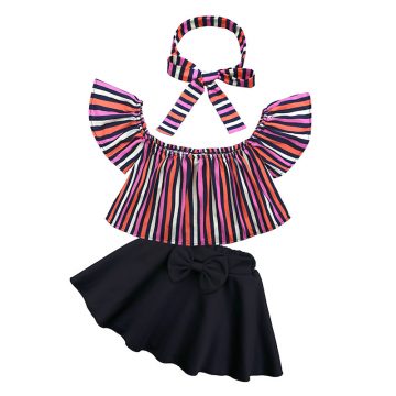 3 Pieces Summer Stripe Off Shoulder Top With Matching Headband + Bow Tie Waist Skirt Clothes Set fashionable Girls Outfit