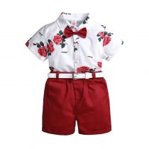 3 Pieces White Yacht Fairing Floral Short Sleeves Shirt + Red Shorts With Belt Clothes Set fashionable Boy Outfit