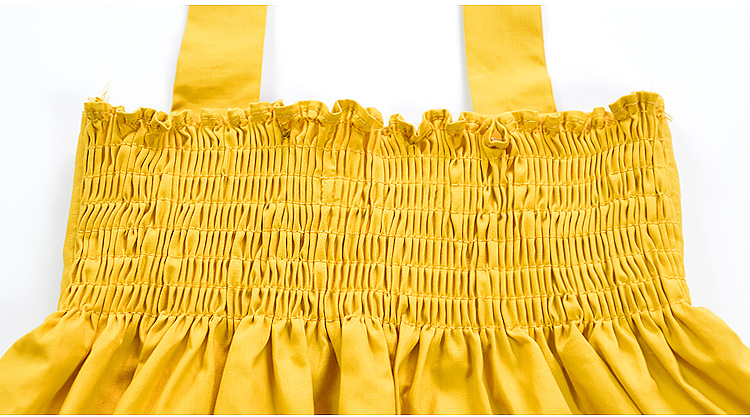 Yellow Mustard Bow Knot Back Shirring Detail Swing Dress Clothes Set fashionable Girls Outfit