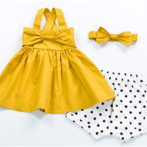 Yellow Mustard Bow Knot Back Shirring Detail Swing Dress Clothes Set fashionable Girls Outfit